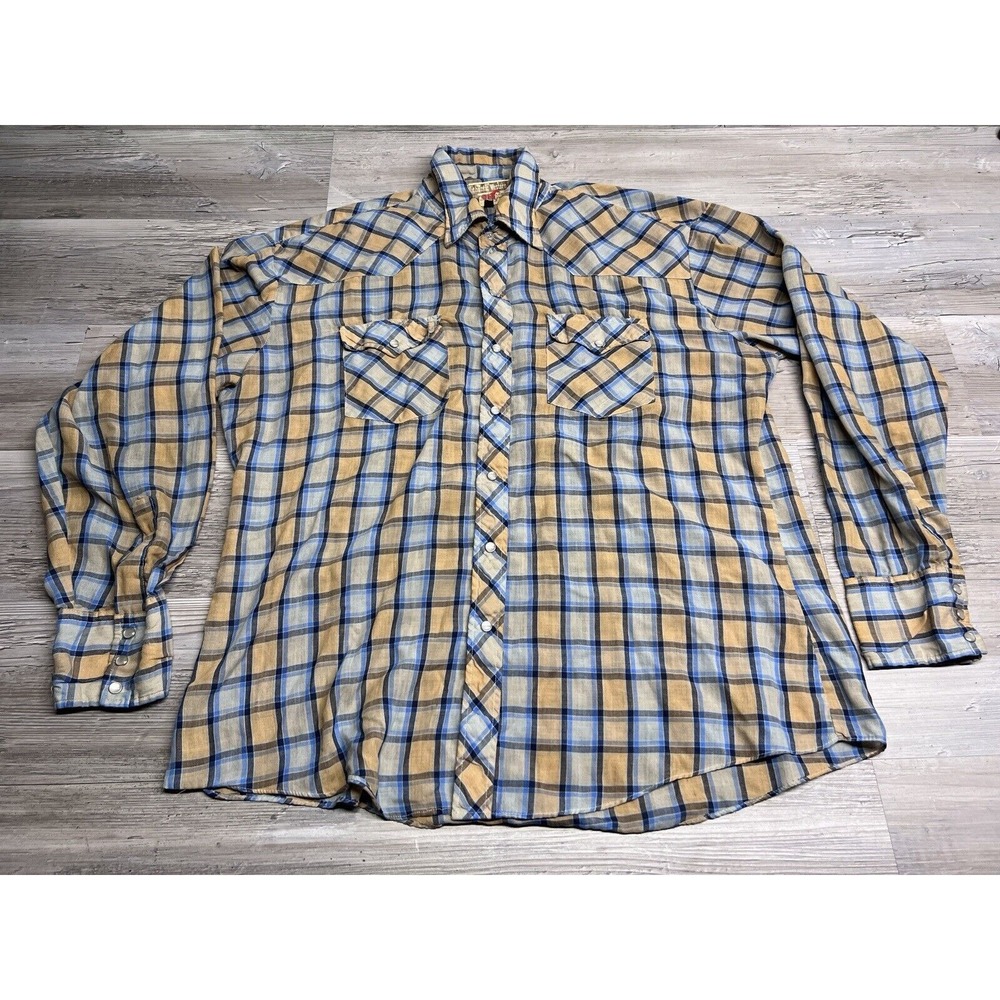Vintage Youngbloods L Pearl Snap Plaid Cowboy Authentic Western Shirt Blue Tan